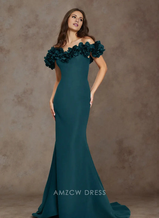 Elegant Off-Shoulder 3D Floral-Embellished Mermaid Maxi Dress Prom Dress