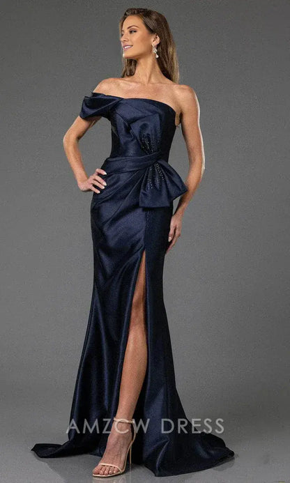 Elegant Off-Shoulder Beaded Bow Draped Slit Mermaid Maxi Dress Prom Dress