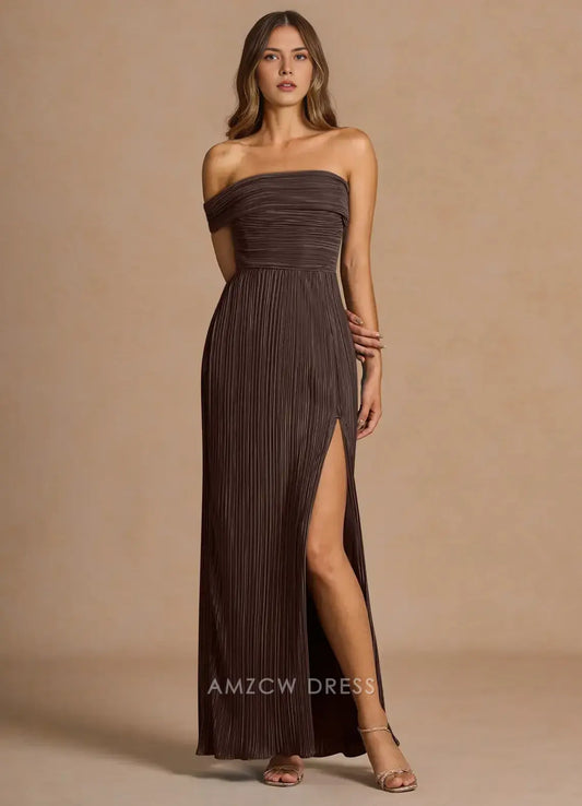 Elegant Off - Shoulder Pleated Ankle-Length Maxi Dress with Side Slit Prom Dress
