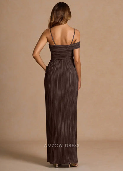 Elegant Off - Shoulder Pleated Ankle-Length Maxi Dress with Side Slit Prom Dress