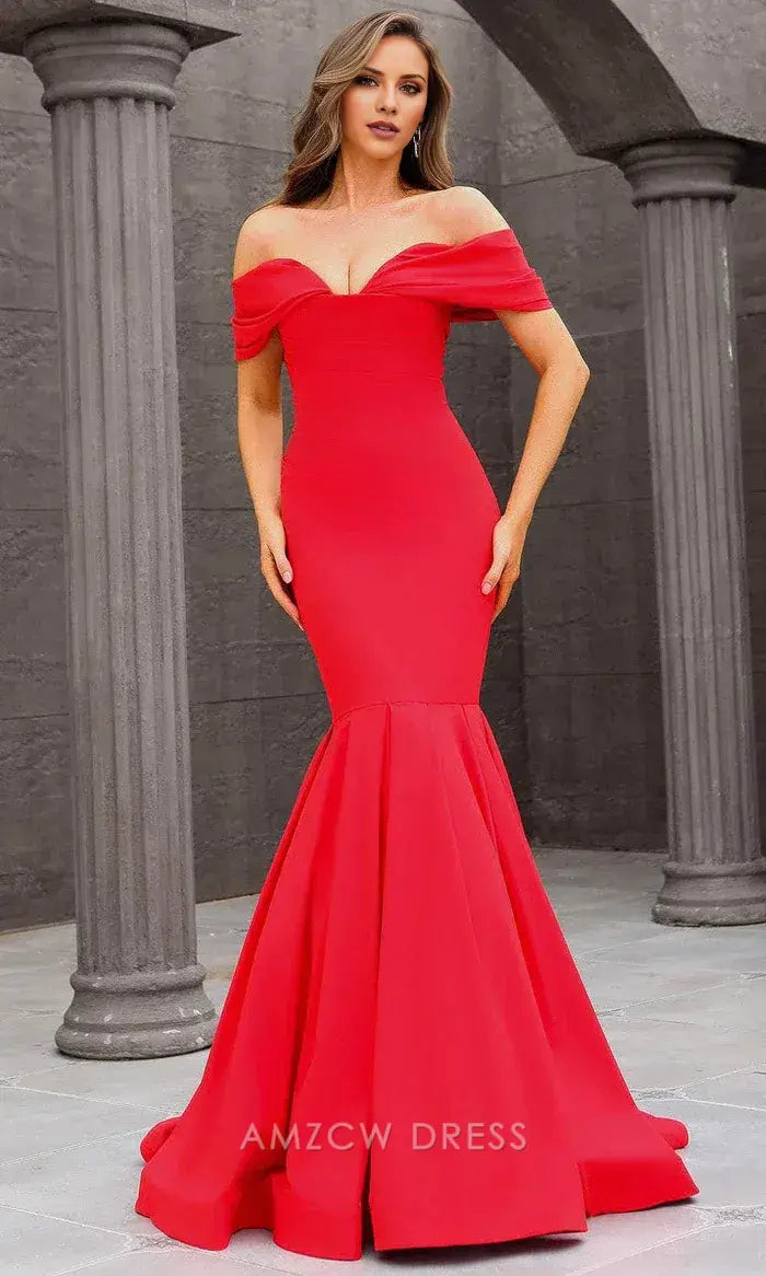 Elegant Off-Shoulder Plunging V-Neck Mermaid Floor-Length Maxi Dress Prom Dress