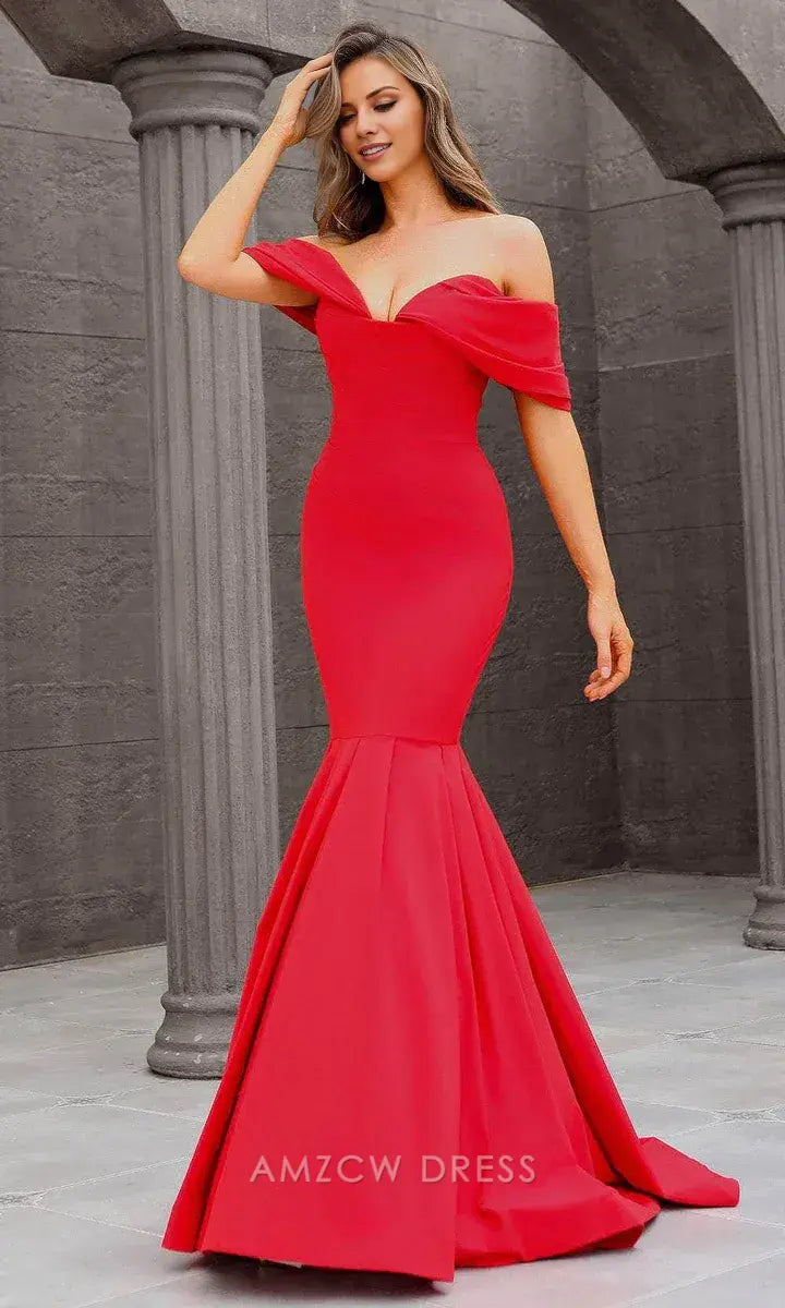 Elegant Off-Shoulder Plunging V-Neck Mermaid Floor-Length Maxi Dress Prom Dress