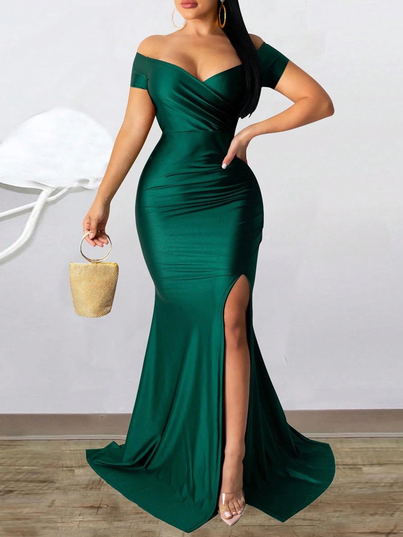 Elegant Off-Shoulder Ruched Satin Mermaid Maxi Dress with Train Prom Dress