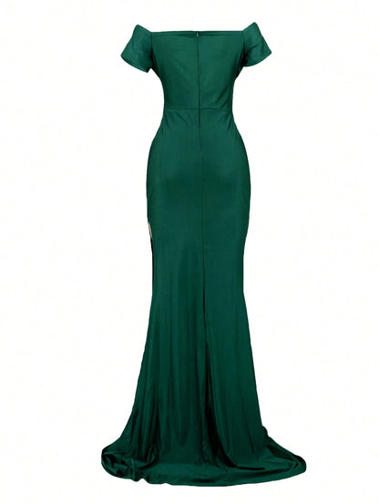 Elegant Off-Shoulder Ruched Satin Mermaid Maxi Dress with Train Prom Dress