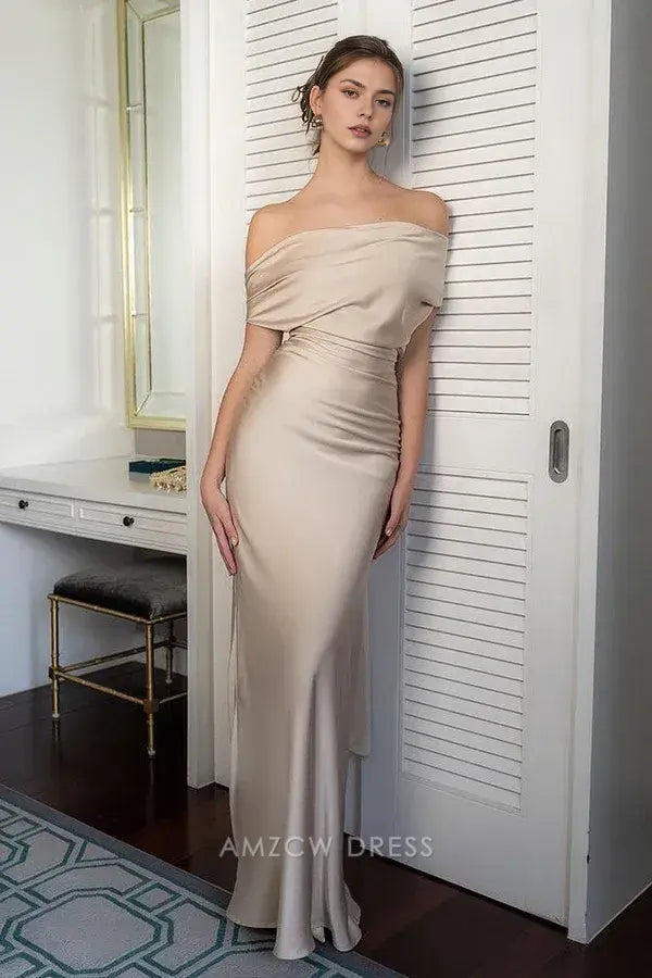 Amzcw Elegantes Vestidos de Fiesta Línea A Satén Verde Azulado con Hombros Descubiertos Mini Vestido Corto Venta Caliente para Mujeres 