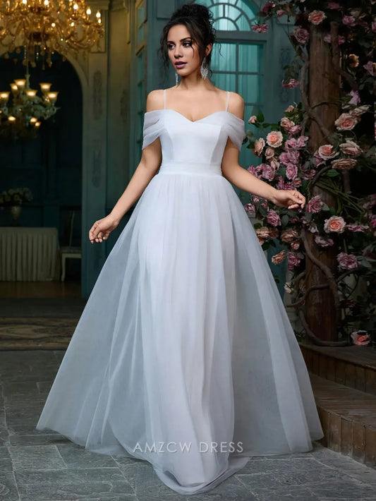 Elegant Off-Shoulder Spaghetti Strap Tulle Ballgown Maxi Dress Prom Dress