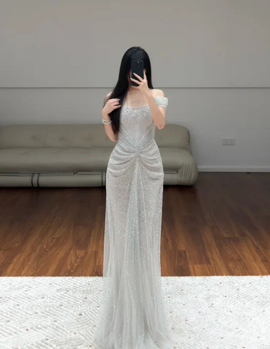 Elegant Off-the-Shoulder Beaded Ruched Tulle Mermaid Prom Dress