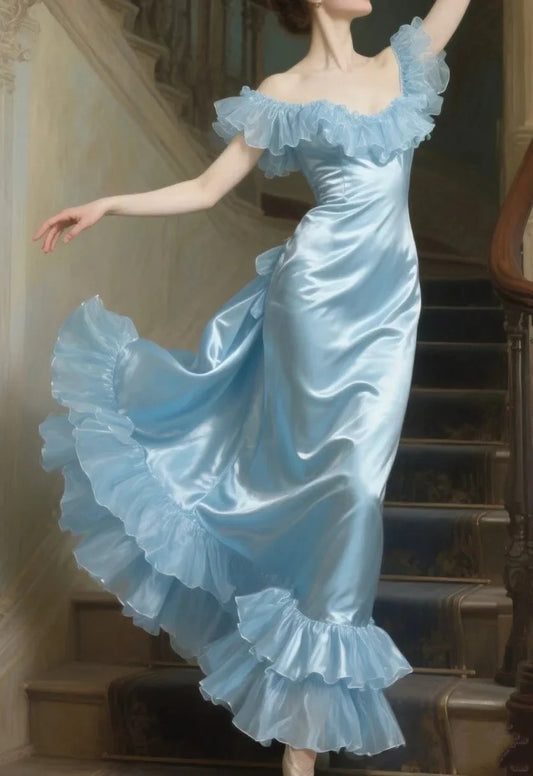 Elegant Off-the-Shoulder Ruffle Trim Satin Ball Gown Prom Dress with Layered Ruffle Skirt and Sweep Train