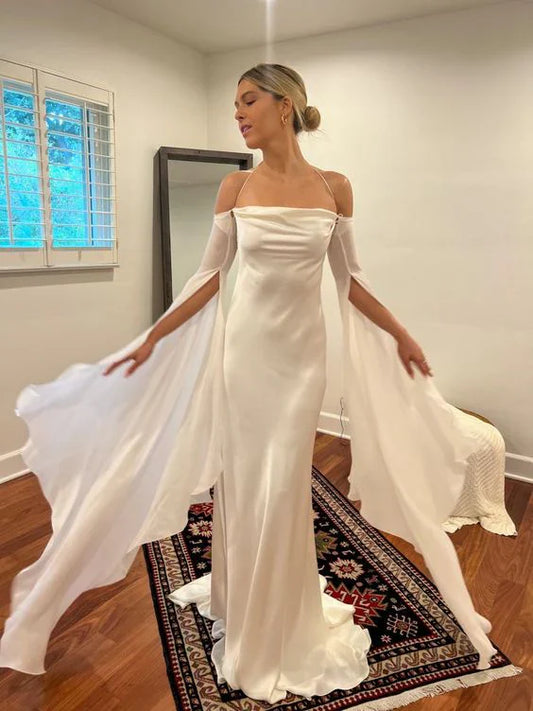 Elegant Off-the-shoulder Cape-sleeve Satin Lace-up-back Floor-length Prom Dress