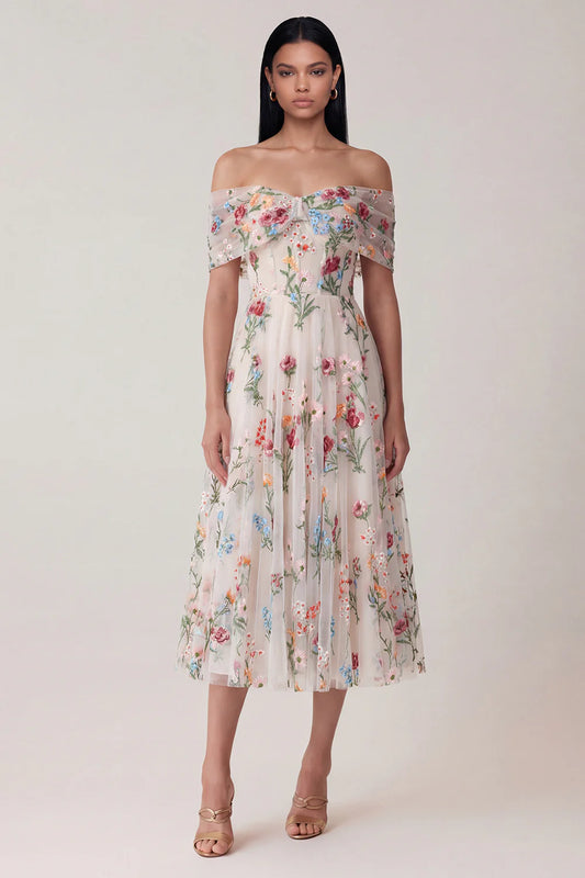 Elegant Off The Shoulder Colorful Floral Embroidered Bow Detail Tulle Midi Prom Dress