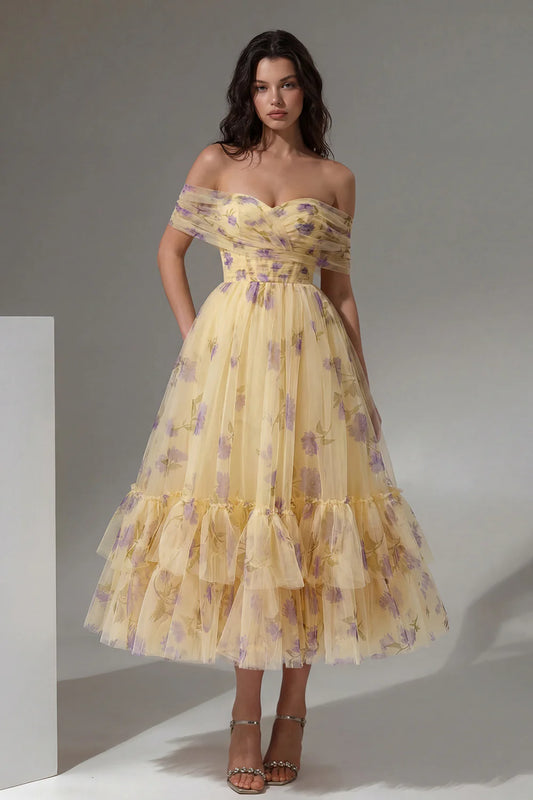Elegant Off The Shoulder Floral Print Tulle Ruffled Hem Midi Prom Dress