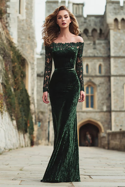 Elegant Off The Shoulder Long Lace Sleeve Velvet Mermaid Evening Dress
