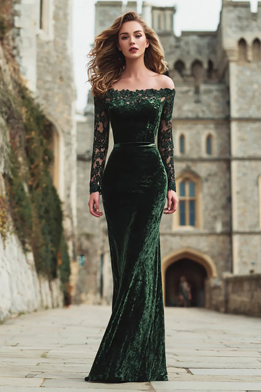 Elegant Off The Shoulder Long Lace Sleeve Velvet Mermaid Evening Dress