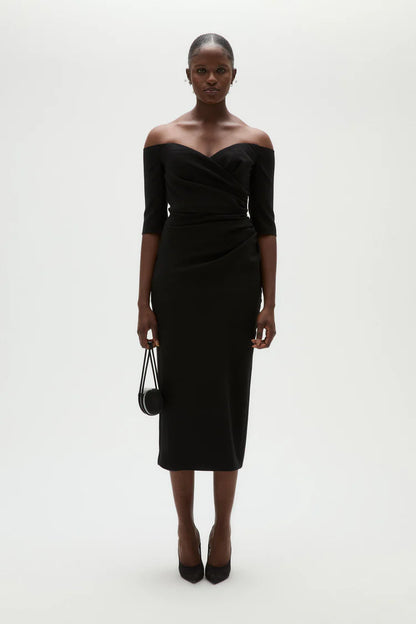 Elegant Off The Shoulder Sweetheart Neck Ruched Waist Midi Evening Dress