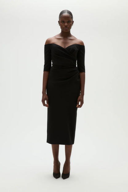Elegant Off The Shoulder Sweetheart Neck Ruched Waist Midi Evening Dress