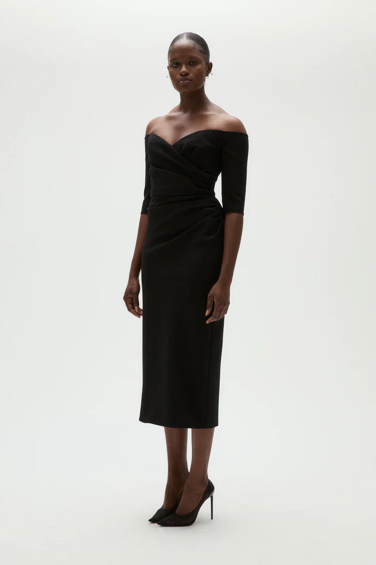 Elegant Off The Shoulder Sweetheart Neck Ruched Waist Midi Evening Dress