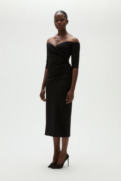 Elegant Off The Shoulder Sweetheart Neck Ruched Waist Midi Evening Dress