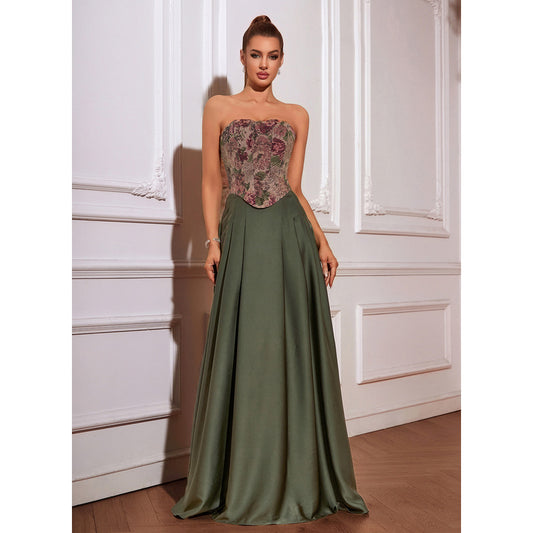 Elegant Olive Green Satin Strapless Floral Lace Appliqué Lace-Up Back A-Line Maxi Dress Prom Dress