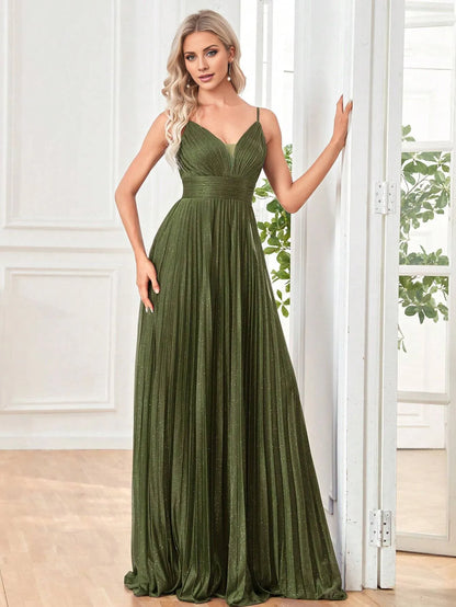 Elegant Olive Green Spaghetti Strap Deep V-Neck Glitter Pleated Chiffon Floor-Length Maxi Dress Prom Dress