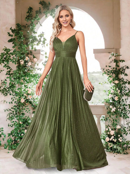 Elegant Olive Green Spaghetti Strap Deep V-Neck Glitter Pleated Chiffon Floor-Length Maxi Dress Prom Dress