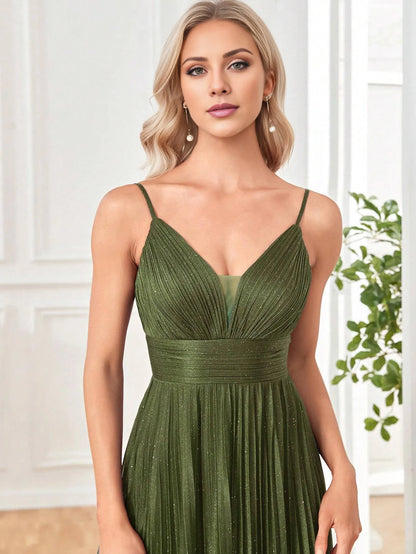 Elegant Olive Green Spaghetti Strap Deep V-Neck Glitter Pleated Chiffon Floor-Length Maxi Dress Prom Dress