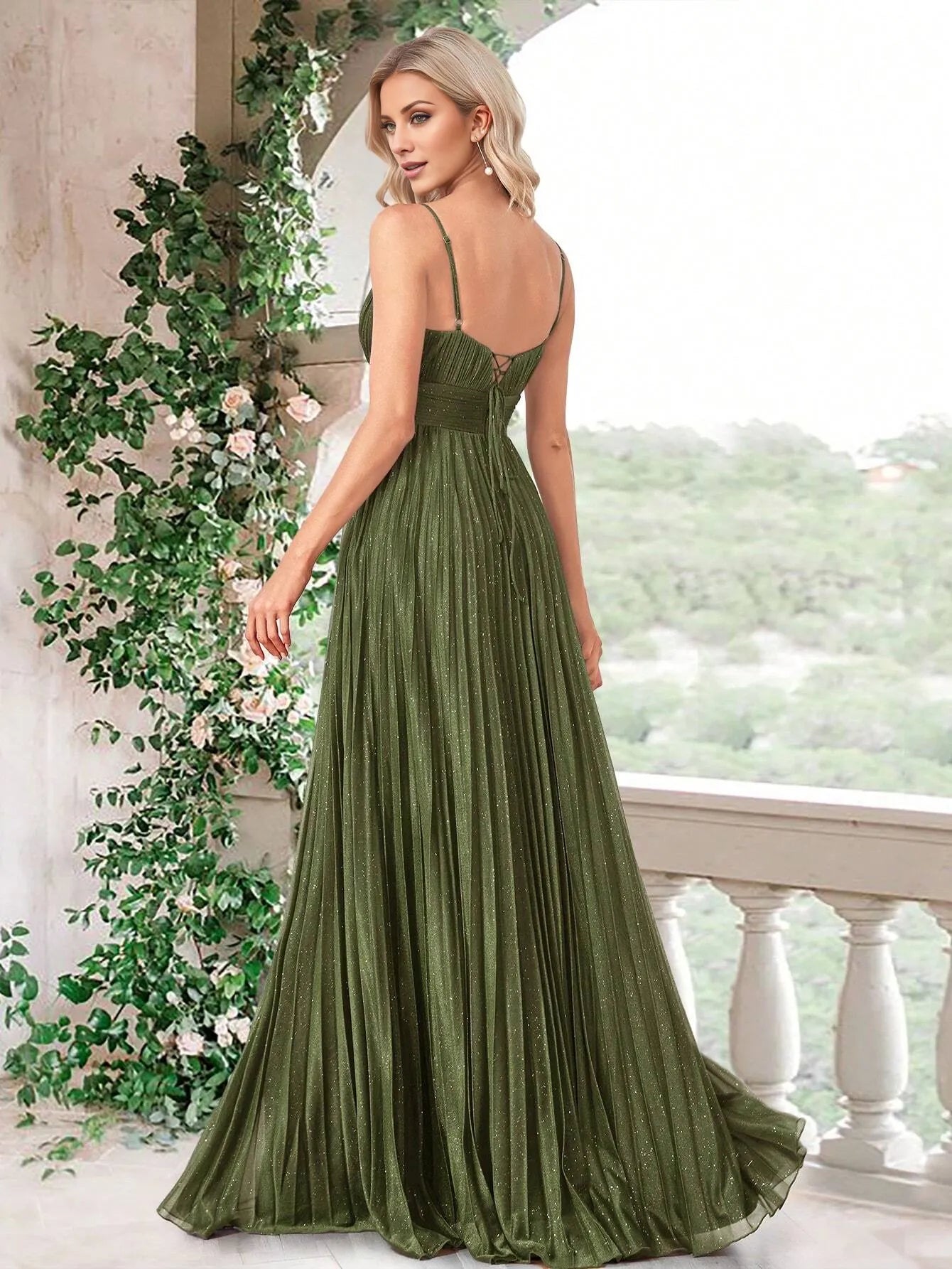 Elegant Olive Green Spaghetti Strap Deep V-Neck Glitter Pleated Chiffon Floor-Length Maxi Dress Prom Dress