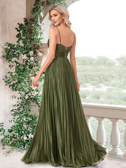 Elegant Olive Green Spaghetti Strap Deep V-Neck Glitter Pleated Chiffon Floor-Length Maxi Dress Prom Dress