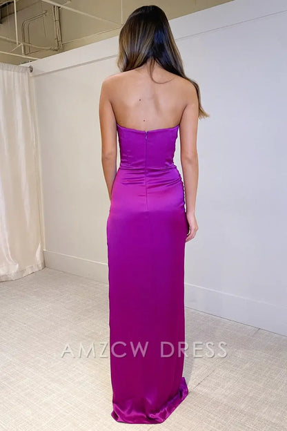 Amzcw Elegant Olive Green Strapless Ruched Long Formal Dress with Slit
