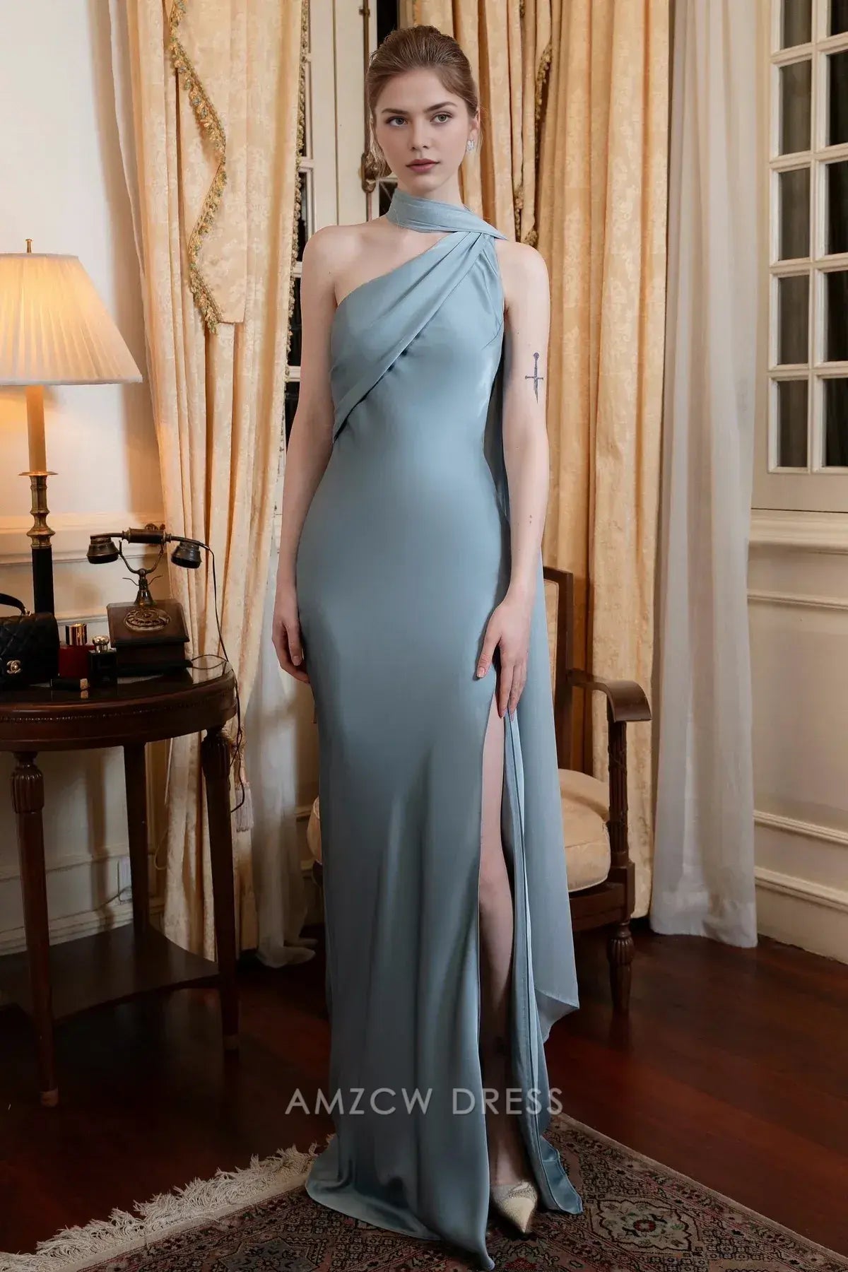 Amzcw Elegantes Vestidos de Fiesta Línea A Satén Verde Azulado con Hombros Descubiertos Mini Vestido Corto Venta Caliente para Mujeres 