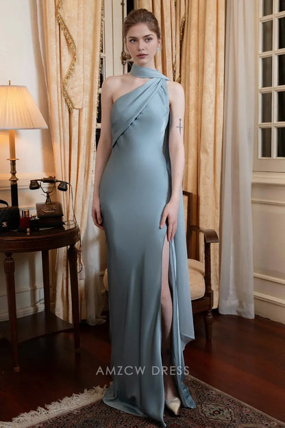 Amzcw Elegantes Vestidos de Fiesta Línea A Satén Verde Azulado con Hombros Descubiertos Mini Vestido Corto Venta Caliente para Mujeres 