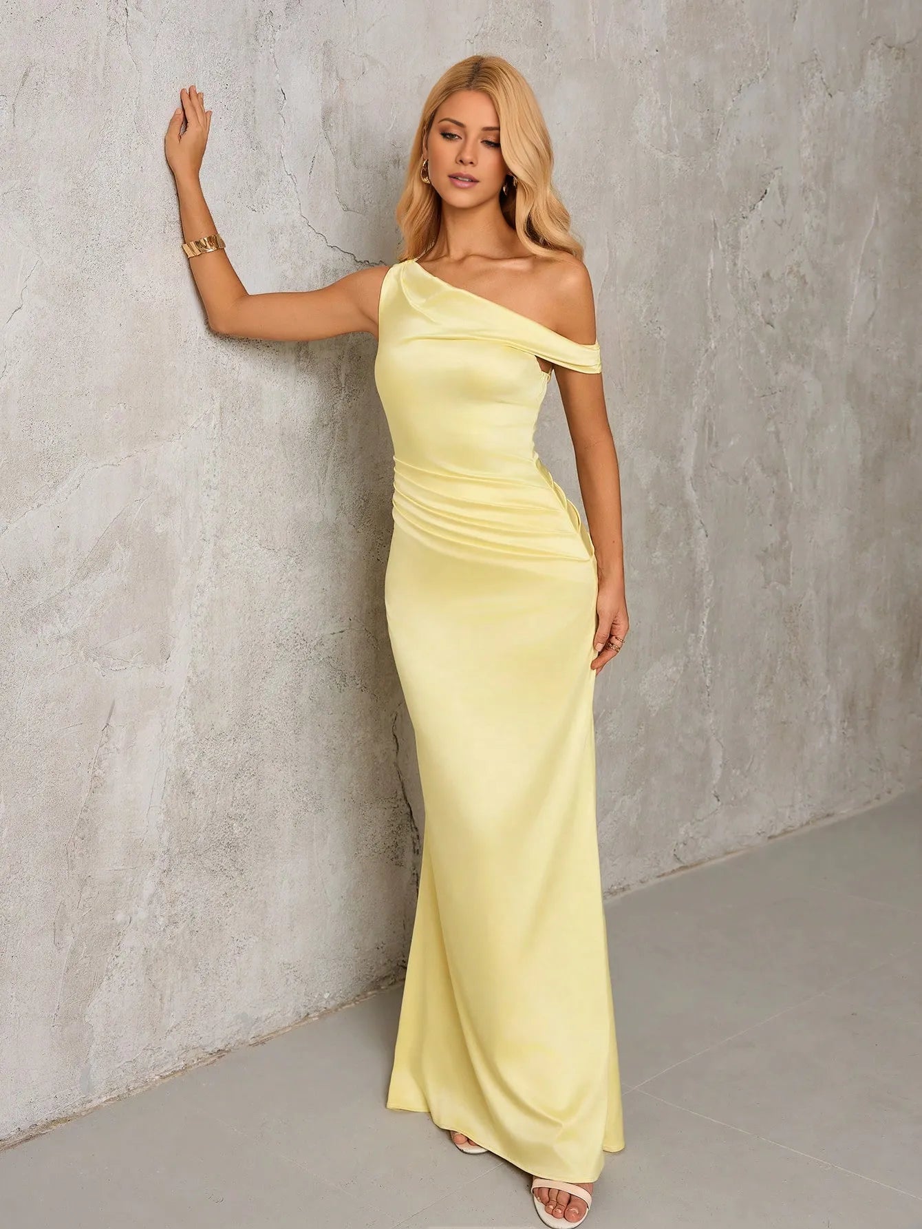 Elegant One-Shoulder Draped Ruched Satin Mermaid Maxi Dress Prom Dress