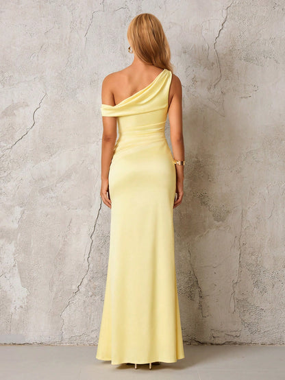 Elegant One-Shoulder Draped Ruched Satin Mermaid Maxi Dress Prom Dress