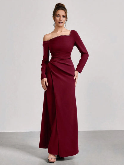 Elegant One-Shoulder Embellished Long Sleeve Wrap Bodice Maxi Dress Prom Dress