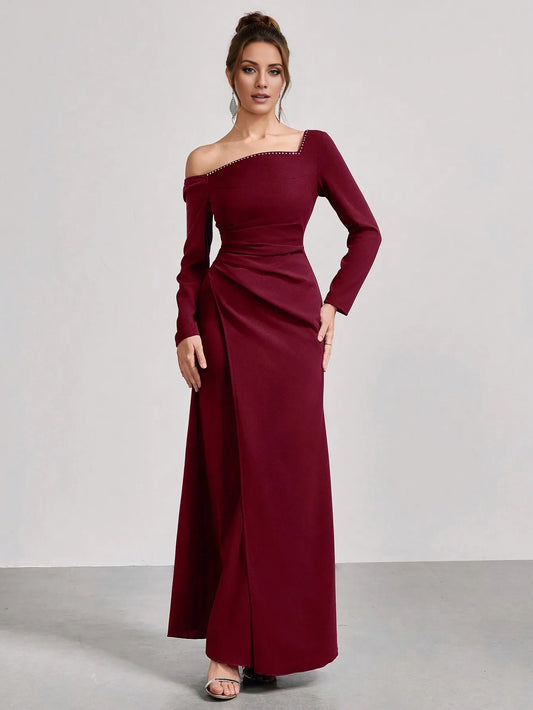 Elegant One-Shoulder Embellished Long Sleeve Wrap Bodice Maxi Dress Prom Dress