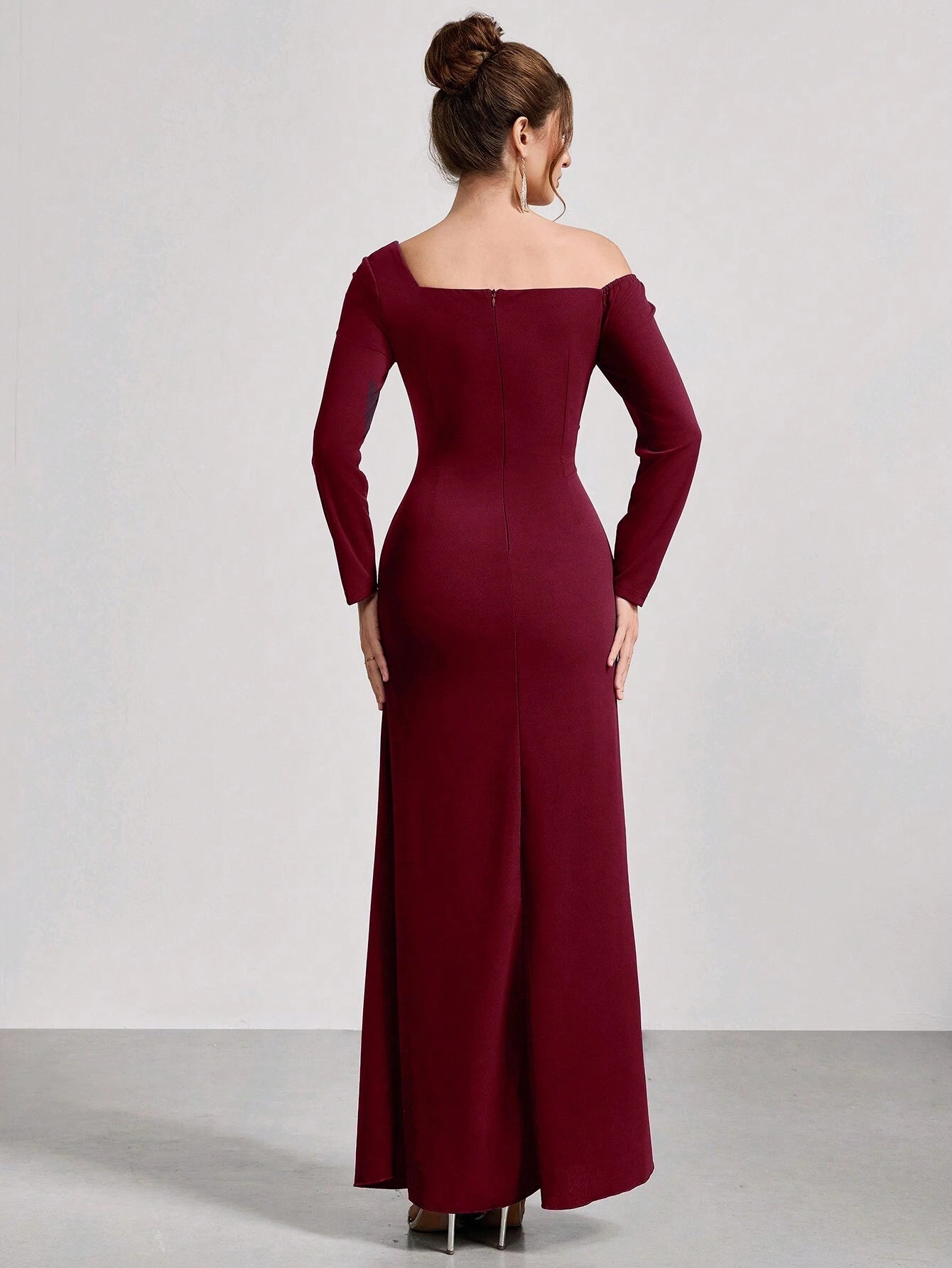 Elegant One-Shoulder Embellished Long Sleeve Wrap Bodice Maxi Dress Prom Dress