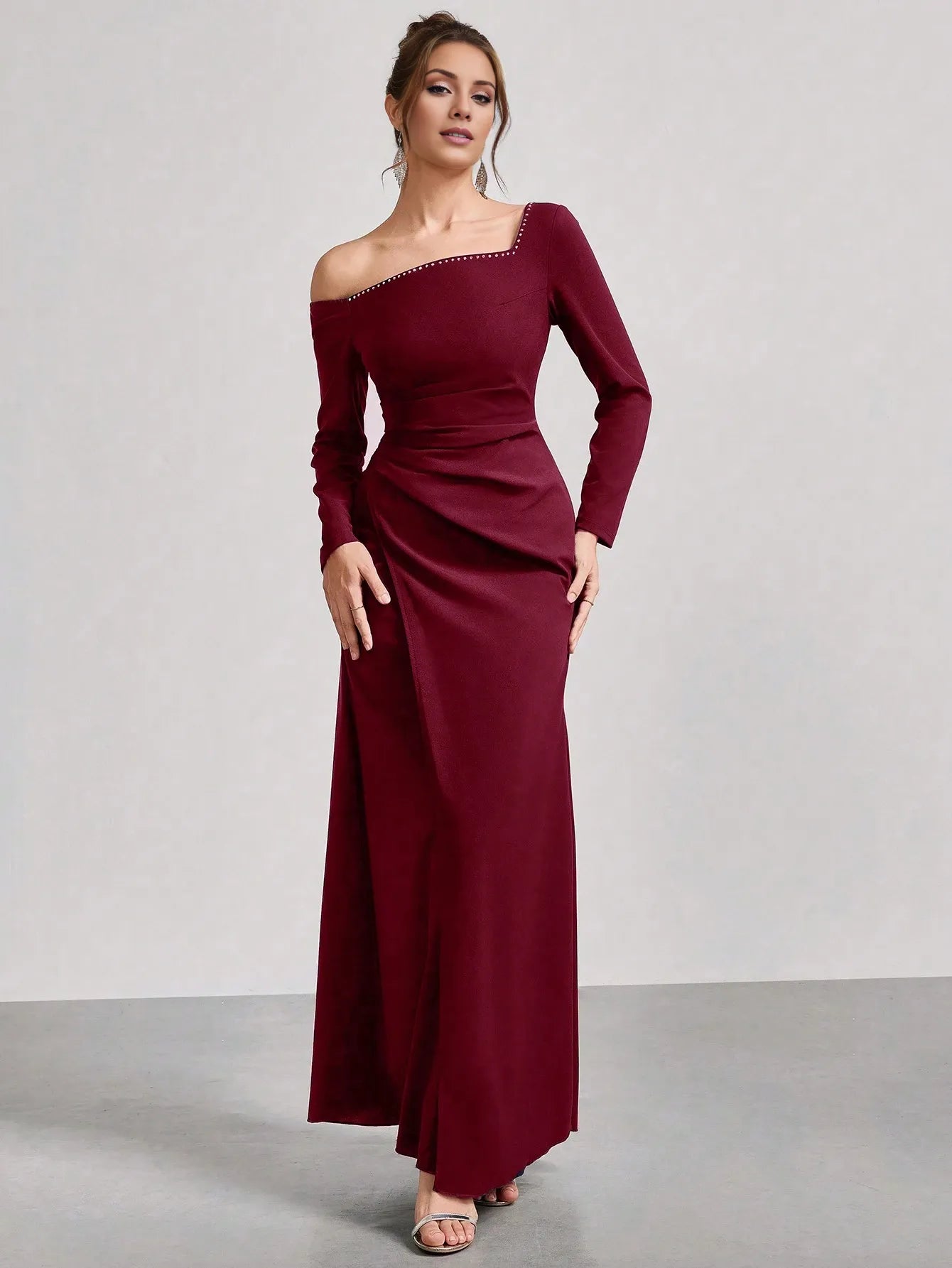 Elegant One-Shoulder Embellished Long Sleeve Wrap Bodice Maxi Dress Prom Dress