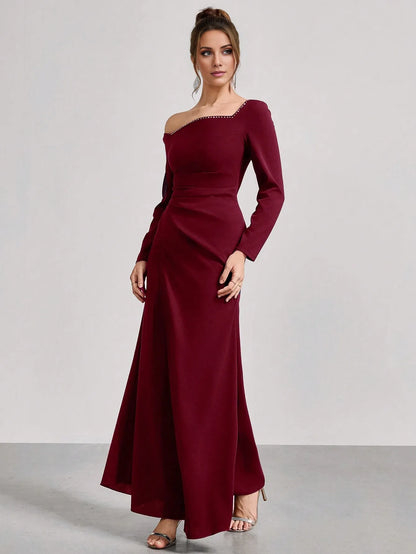 Elegant One-Shoulder Embellished Long Sleeve Wrap Bodice Maxi Dress Prom Dress