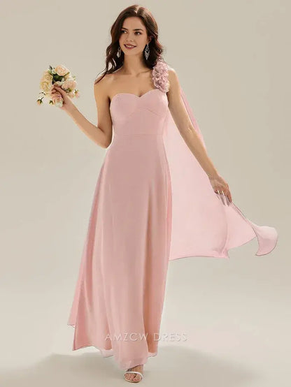 Elegant One - Shoulder Flower Detail Chiffon Maxi Dress with Draped Panel Prom Dress
