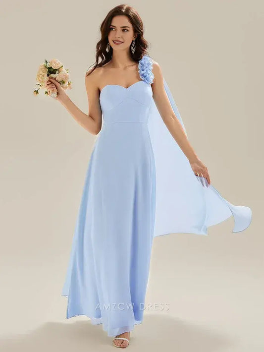 Elegant One - Shoulder Flower Detail Chiffon Maxi Dress with Draped Panel Prom Dress