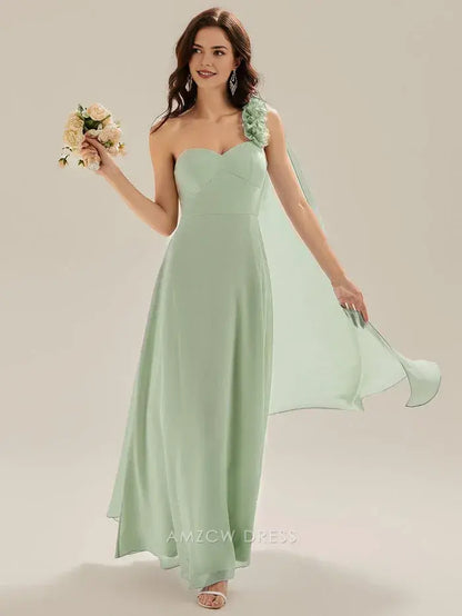Elegant One - Shoulder Flower Detail Chiffon Maxi Dress with Draped Panel Prom Dress