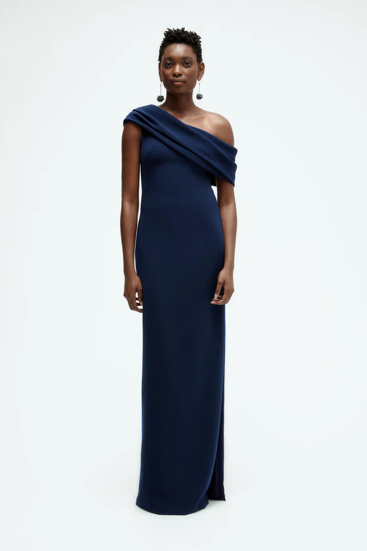 Elegant One Shoulder Draped Sleeve Fitted Column High Slit Evening Dress