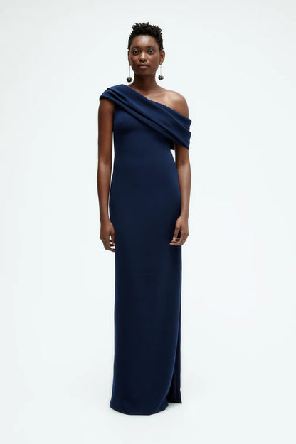 Elegant One Shoulder Draped Sleeve Fitted Column High Slit Evening Dress
