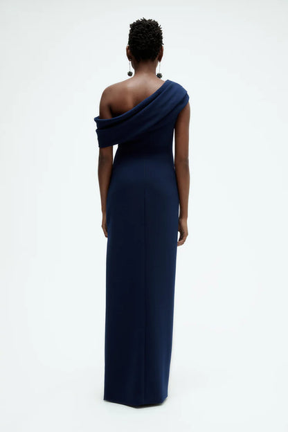 Elegant One Shoulder Draped Sleeve Fitted Column High Slit Evening Dress