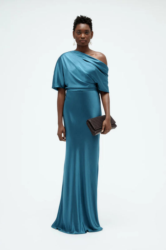 Elegant One Shoulder Draped Sleeve Fitted Satin Evening Dress