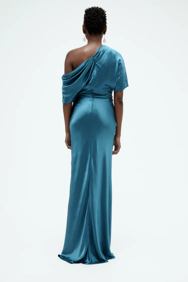 Elegant One Shoulder Draped Sleeve Fitted Satin Evening Dress