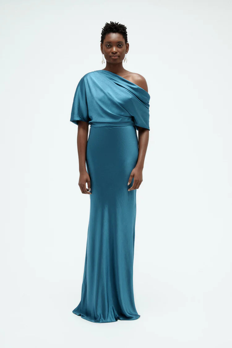Elegant One Shoulder Draped Sleeve Fitted Satin Evening Dress