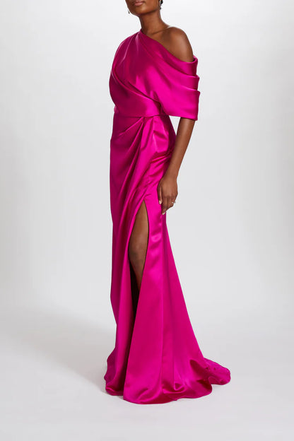 Elegant One Shoulder Draped Sleeve Ruched Waist High Slit Satin Evening Dress