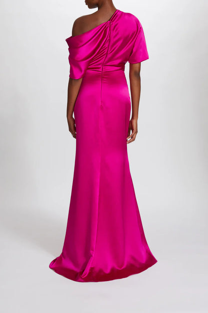 Elegant One Shoulder Draped Sleeve Ruched Waist High Slit Satin Evening Dress