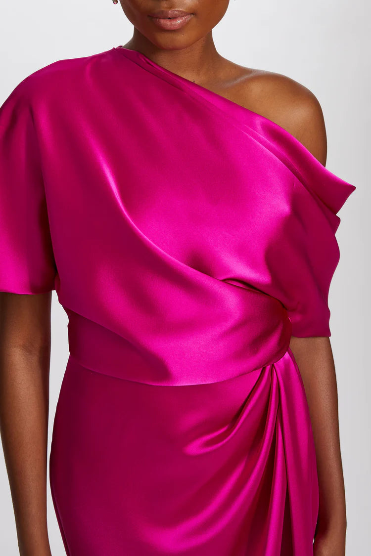 Elegant One Shoulder Draped Sleeve Ruched Waist High Slit Satin Evening Dress