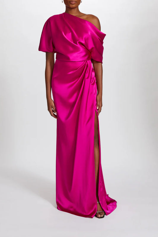 Elegant One Shoulder Draped Sleeve Ruched Waist High Slit Satin Evening Dress